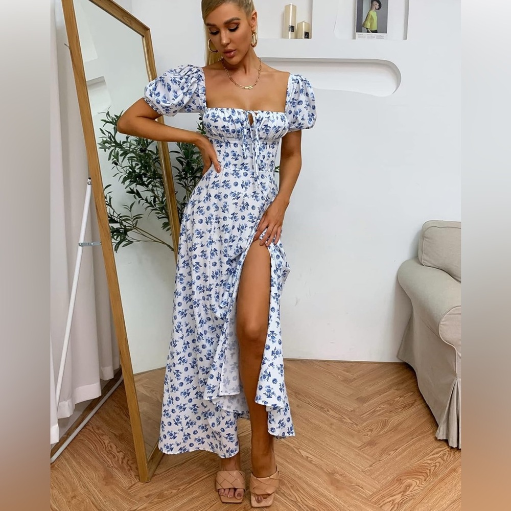 NWT🔥Puff Sleeve Floral Split Maxi Dress Flowy A Line Casual Beach Long Dresses